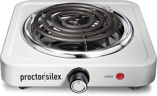 Proctor Silex Portable Electric Stove, Stainless Steel Single Burner Cooktop, Compact, Adjustable Temperature Hot Plate, 1200 Watts, White (34106)