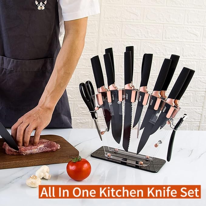 elabo Kitchen Knife Set - 16 Pcs Knife Set with Acrylic Block and Sharpener, Stainless Steel Knives Set for Kitchen Includes Sharp Knives, 6 Serrated Steak Knives, Dishwasher Safe(Rose Gold)