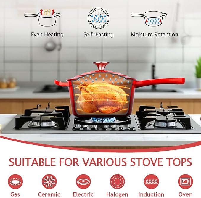 TeamFar 3QT Enameled Cast Iron Sauce Pan, Small Sauce Pot with Lid, Mini Dutch Oven Saucepan for Cooking/Simmering/Baking/Boiling, Sturdy & Nonstick, Oven Safe & Fit for Induction-Red