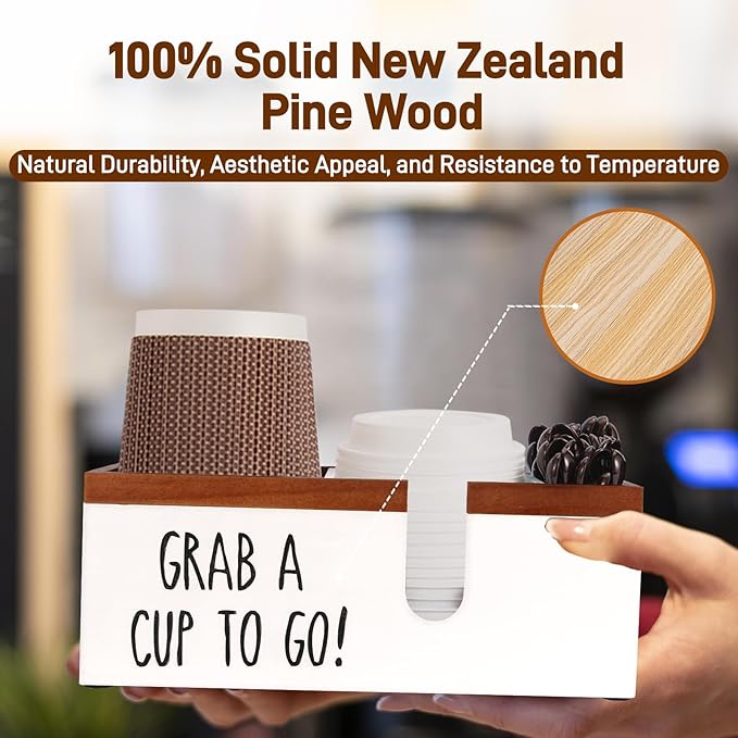 100% Wooden Coffee Cups Holder with U-Shape Cutout Design for Countertop-Coffee Bar Organizer for Cups, Lids, Pods, Stirrers, and Accessories, Great Gift for Home or Office (White)