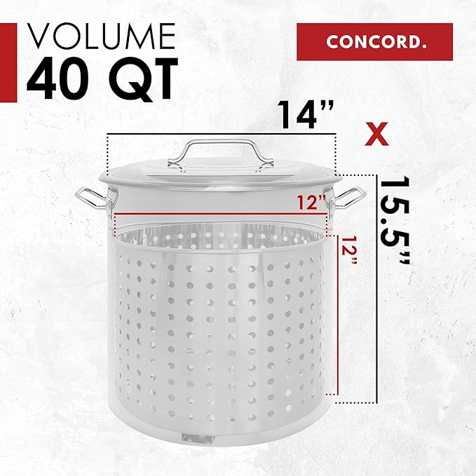CONCORD Stainless Steel Stock Pot w/Steamer Basket. Cookware great for boiling and steaming (40 Quart)