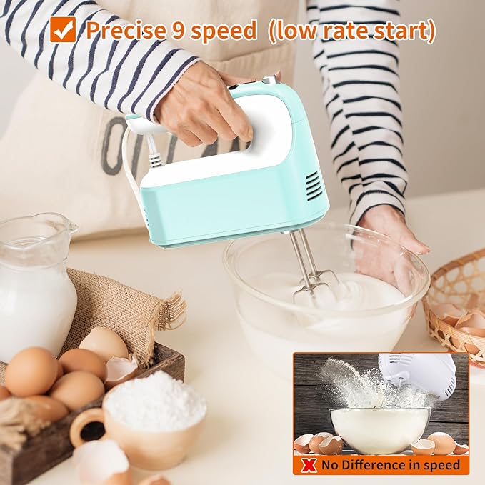 9-Speed Digital Hand Mixer Electric, 400W Powerful DC Motor, Hand Mixer Electric Handheld with Snap-On Storage Case, 5 Stainless Steel Accessories, Beaters, Dough Hooks, Whisk(Ice Blue/White)