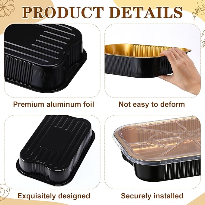 20 Sets 9 x 13 Inch large Loaf Cake Pans with Lids and Spoons Rectangle Aluminum Foil Bread Loaf Baking Pans Disposable big Cake Tins with Clear Plastic Bags and Ribbon, Black Gold, 118.3 oz