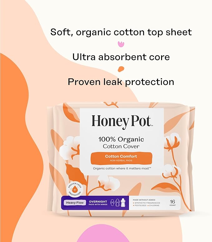 The Honey Pot Company - 64ct - Sanitary Pads for Women - Non-Herbal Heavy Overnight w/Wings - Organic Cotton Cover & Ultra-Absorbent Pulp Core - Feminine Care
