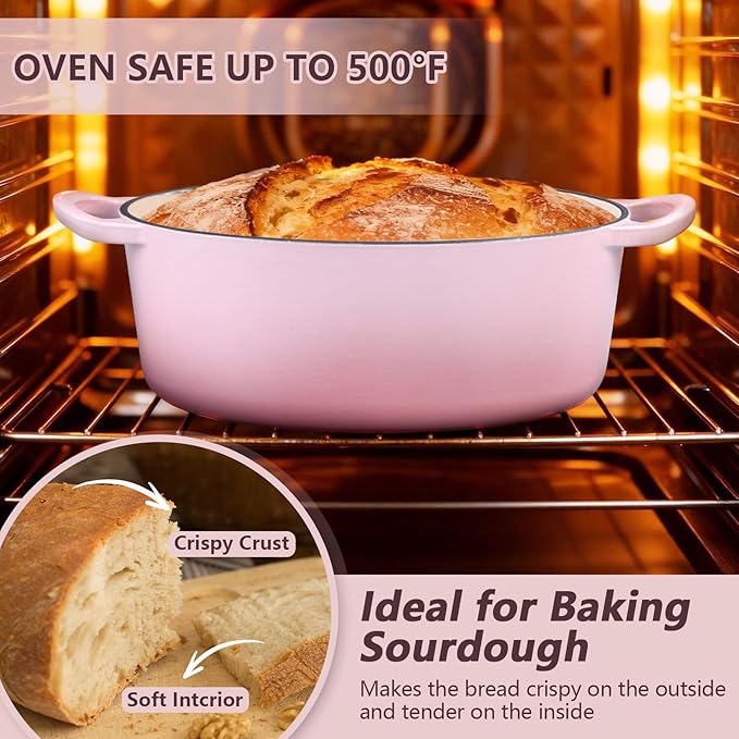 P&P CHEF Oval Dutch Oven with Lid, Enameled Cast Dutch Oven Pot for Bread Baking, Braising, Stewing, Roasting, Non-Stick & Oven Safe, Dual Handles & Easy Clean, 7QT & Pink, Valentine's Day