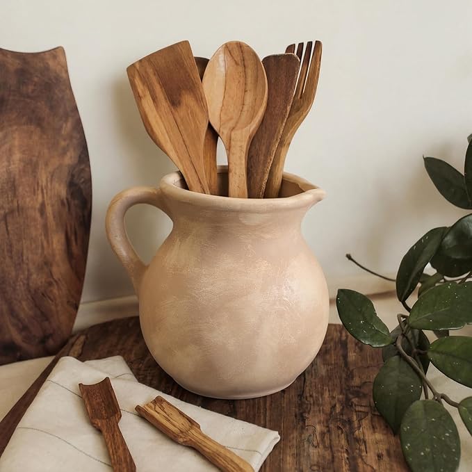 Rustic Kitchen Utensil Holder with Handle,7 Inch Ceramic Vintage Utensil Crock for Countertop, Farmhouse Kitchen Decoration Ceramic Pot for Spatulas Spoons Tongs (Classic,Antique Beige)