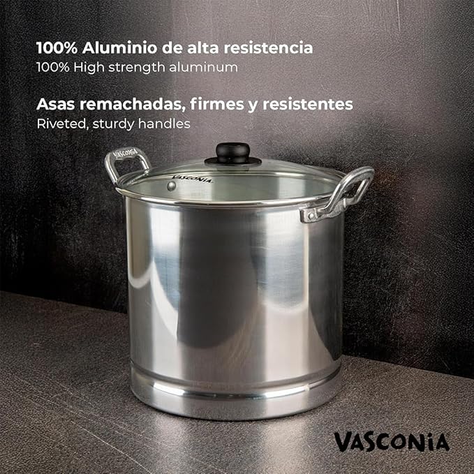 Vasconia 32-Quart Steamer Pot (Aluminum) with Tray & Glass Lid - For Most Stoves (Hand-Wash only) Large Stock Pot for Tamales, Steaming, Boiling & Frying - Makes Seafood, Pasta, Vegetables & More