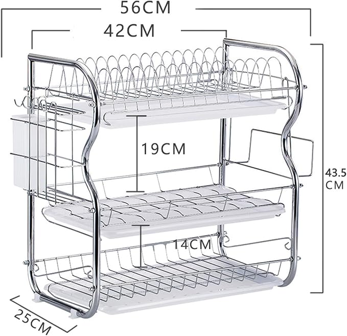 3 Tier Dish Racking System with Removable Drain Board - Sturdy Steel Kitchen Counter Organizer for Efficient Drying and Utensil Storage