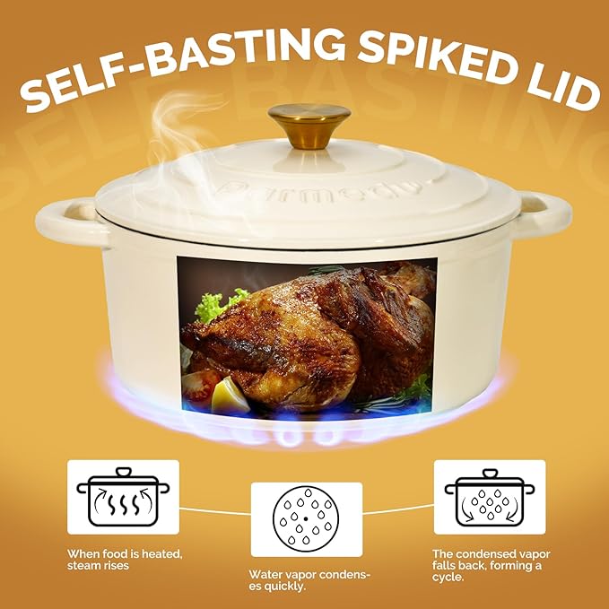 Parmedu Enameled Cast Iron Dutch Oven-5.5 Quart Pot with Lid, Dual Handle,Heavy Duty Cookware for Braising, Stews, Roasting, Bread Baking,Cream white