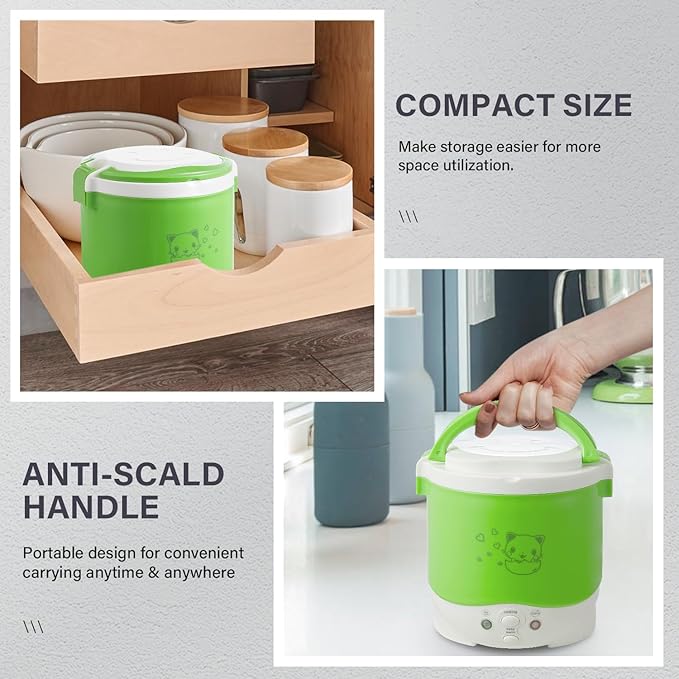 OSBA Mini Rice Cooker, 1L Travel Rice Cooker Small 12V For Car, Cooking For Soup Porridge and Rice, Cooking Heating and Keeping Warm Function(Green)