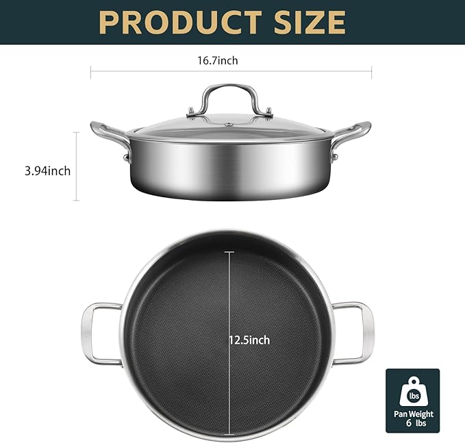 Tri-Ply Stainless Steel 7 Quarts Saute Pan, 12 Inch Nonstick Skillet with lids, Fast even Heat cookware, Hybird Large Frying Pan, 18/10 Chef's Cooking Pan, Induction Pan, Dishwasher and Oven Safe