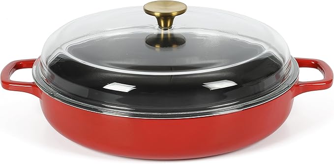 Sur La Table Kitchen Essentials Supper Club 3.75 Quart Enamel Cast Iron All In One Multi-Purpose Non-Toxic Nonstick Braiser Pan W/Borosilicate Glass Lid - Red