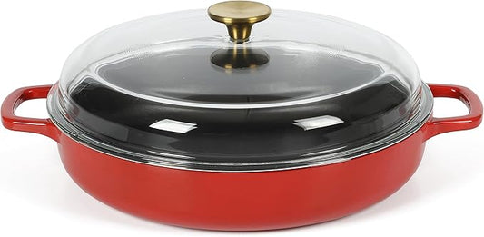 Sur La Table Kitchen Essentials Supper Club 3.75 Quart Enamel Cast Iron All In One Multi-Purpose Non-Toxic Nonstick Braiser Pan W/Borosilicate Glass Lid - Red