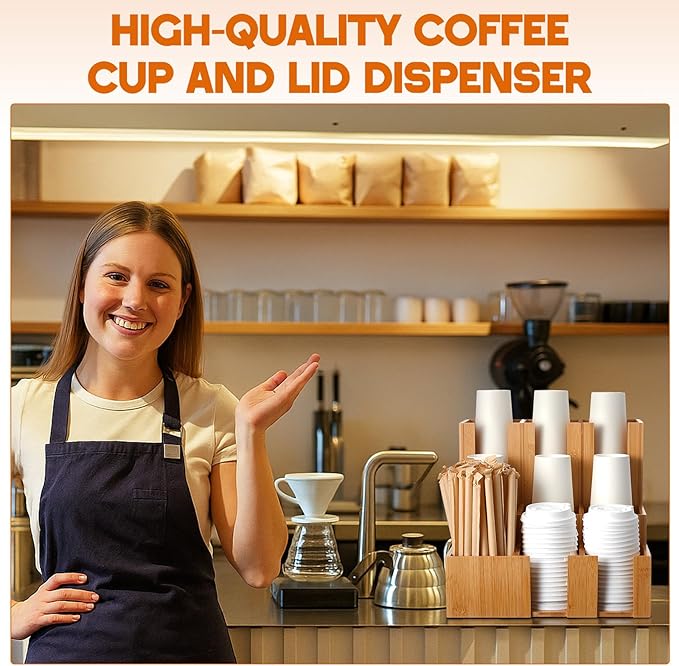 Bamboo Vertical Coffee Cup and Lid Dispenser, Coffee Condiment Organizer, 9 Compartment for Disposable Paper & Plastic Cup, for Cabinet Station Home Countertop Bar 13''l x 13''w x 12''h