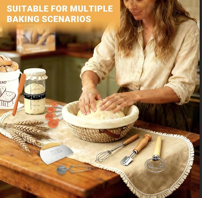 Sourdough Bread Baking Supplies,Sourdough Starter Kit,2 Cotton Rope Banneton Proofing Basket,Bread Proofing Basket Making Tool Kit,Sour Dough Kit Tools,Baking Gifts for Women,Bakers,Wife,Mom
