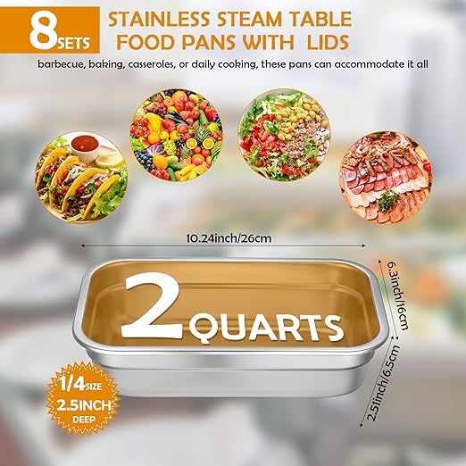 8 Pcs 304 Stainless Steel Food Storage Containers with Lid Hotel Pans for Kitchen Home Catering Food Prep Restaurant Buffet Hotel(2.5 Inch Deep)