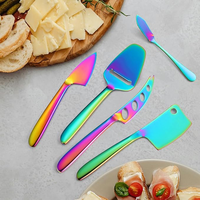 Rainbow Cheese Knives Silverware Set 8 Pieces include Dinning Knife Fork Spoon Stainless Steel Kitchen Gadget Tool Baking Utensils Multifunctional Durable for Daily Use and Parties