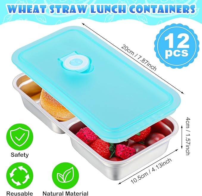 12 Pcs Stainless Steel Snack Containers 30 oz 2-compartment Meal Prep Containers Reusable Metal Divided Bento Box with Silicone Lids Leakproof Lunch Box Dishwasher Safe (Blue)