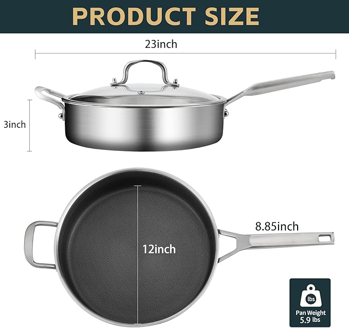 Saute Pan with Lid 5-Quarts,12.5 Inch 18/10 Tri-Ply Nonsitck Large Frying Pan, Up to 600℉ Full Clad Stainless Steel 3 Layer Deep Frying Pan with Stay Cool Handle, Dishwasher and Metal Utensil Safe