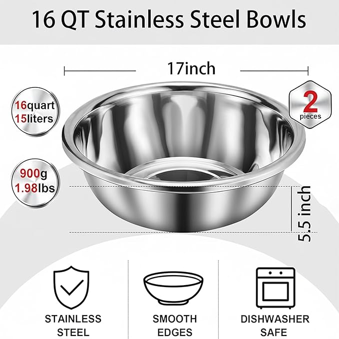 2 Pack 16 Qt 304 Stainless Steel Extra Large Mixing Bowls with Flat Base Polished Mirror Finish Metal Bowls for Home or Commercial Baking Mixing Marinating and Food Preparation