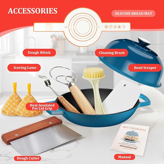 YUTANN Cast Iron Bread Baking Pot - 5QT Enameled Dutch Oven with Cloche Lid,for Sourdough & Artisan Bread,Jewel Blue