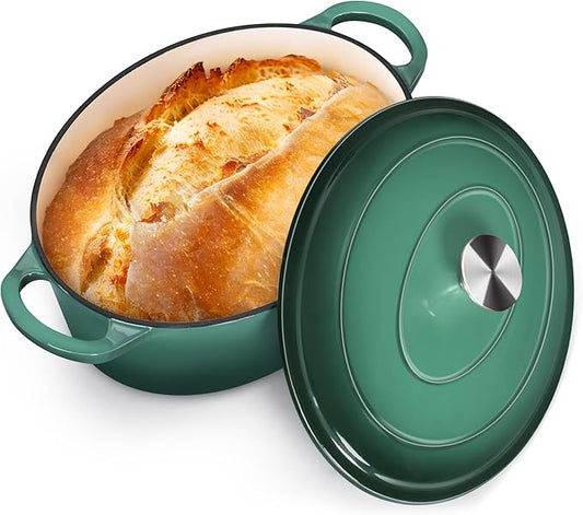 P&P CHEF Oval Dutch Oven with Lid, Enameled Cast Dutch Oven Pot for Bread Baking, Braising, Stewing, Roasting, Non-Stick & Oven Safe, Dual Handles & Easy Clean, 7QT & Dark Green, Valentine's Day