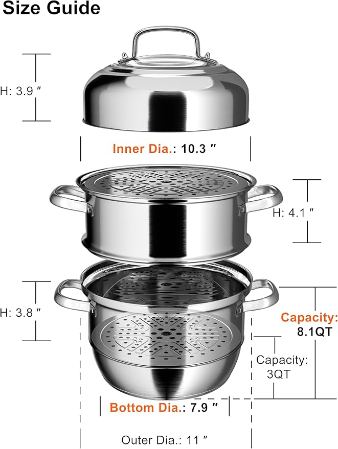 VENTION 3 tier Steamer Pot Stainless Steel 28cm, Induction Steamer for Cooking, 11 Inch Steam Pot for Dumpling