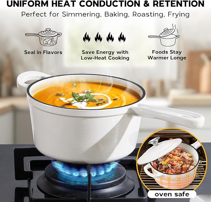 Onader 1QT & 2QT Saucepan Set with Lid, Enameled Cast Iron Small Pot Sets for Cooking, Nonstick Enameled Sauce Pan Dutch Oven, Induction Compatible, Heavy Duty – White