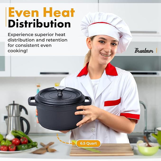 Bruntmor 5.2 Quart Pre-Seasoned Cast Iron Dutch Oven with Lid and Handles - Versatile Black Cast Iron Skillet - Shallow Cookware for Casseroles and Braising Dishes - Works with Induction Stovetops