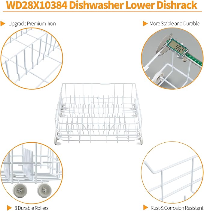Upgraded WD28X10384 Dishwasher Lower Rack Replacement Parts for GE Dishwasher Parts Bottom Rack GLD5600V00BB GLD4560R00SS GE Dishwasher Rack Lower Dishrack Assembly Bottom Dish Rack 8 Rollers