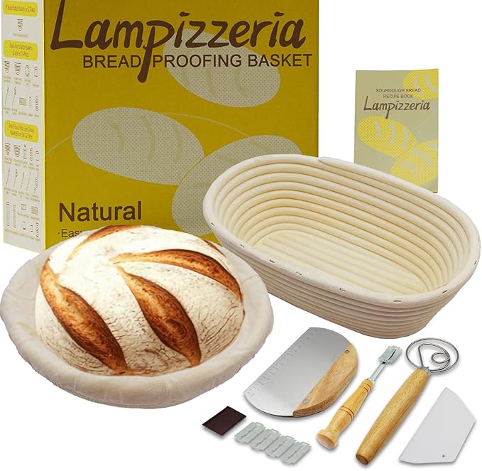 Round & Oval Rattan Banneton Basket Gift Kit with Accessories - Sourdough Bread Proofing Supplies (9" & 10", Liners, Scrapers, Lame) Natural for Home Bakers