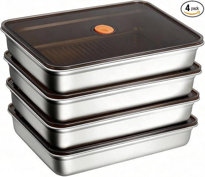 Stainless Steel Food Containers, 4 Piece Set Meal Prep Containers with Lids, Stackable Stainless Steel Freezer Containers, Bacon Cheese Food Storage Containers with Airtight Vacuum Seal, 95oz