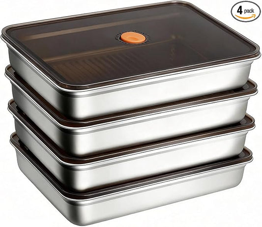 Stainless Steel Food Containers, 4 Piece Set Meal Prep Containers with Lids, Stackable Stainless Steel Freezer Containers, Bacon Cheese Food Storage Containers with Airtight Vacuum Seal, 95oz