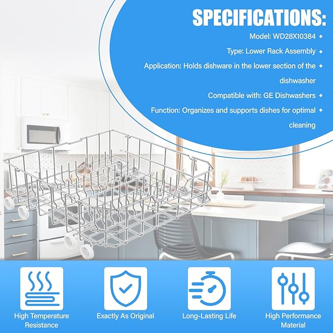 UPGRADED WD28X10384 Dishwasher Lower Rack(SS304) for General Electric GE Dishwasher Racks GLD4560N10SS GLD5660R00SS GLD5660V00SS,WD28X10165/6 WD28X10309 Lower Dishrack Assembly with Roller Wheels