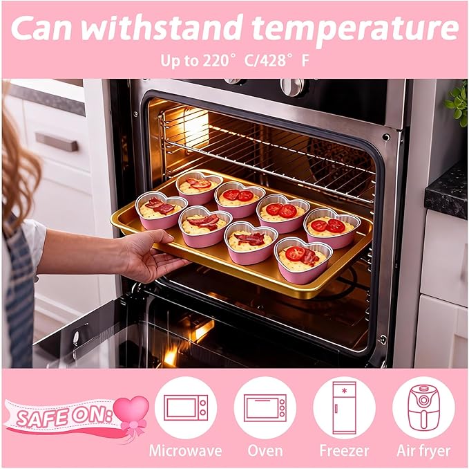 200 Pack 3.4 oz Pink Heart Shaped Mini Cake Pans with Lids, Disposable Aluminum Foil Pans for Valentine's Day Gifts, Cheesecake, Brownies & Romantic Parties