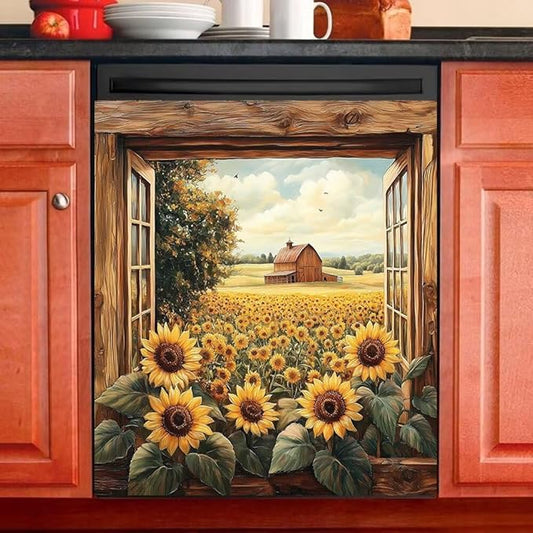 Rustic Barn Window View Dishwasher Magnet Cover,Sunflower Field Refrigerator Magnetic Vinyl Sticker for Dishwasher Door, Vintage Wood Kitchen Appliance Panel Decal, 23Wx26H Inches