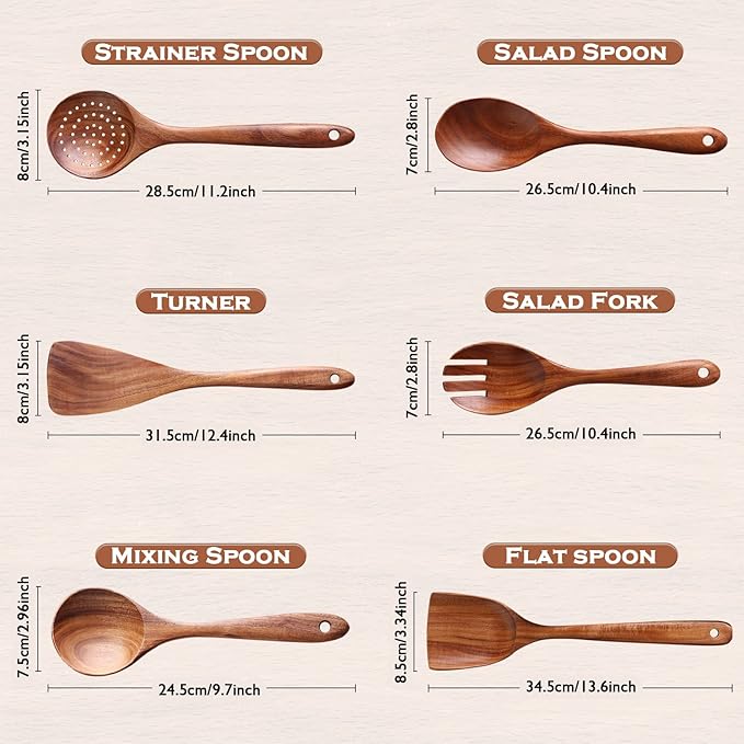 Wooden Utensil Set 6Pcs Wooden Spoons for Cooking, Natural Teak Wood, Non-Stick, Smooth Finish, Easy to Clean, Comfort Grip, Kitchen Wooden Cooking Utensils Set