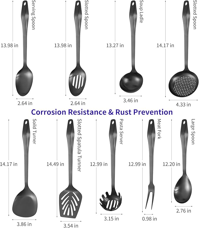 304 Stainless Steel Kitchen Utensil Set - 9pcs Cooking Utensils, Metal Kitchen Utensil Spatula Sets Cookware,High temperature resistance Kitchen Tool Set for Hanging Dishwasher Safe（Black）