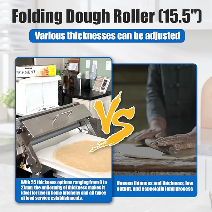 Folding Dough Sheeter (15.5")，Dough Sheeter，Manual Dough Sheeter，Commercial Dough Roller Sheeter，55 thickness options，Suitable for pizza, croissants, puff pastry, Stainless Steel（1 Rolling Boards）