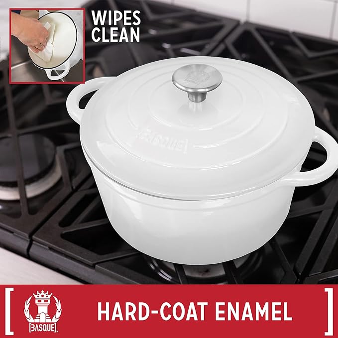 Basque Enameled Cast Iron Cookware Set (Blanc White), 7-Piece Set, Nonstick, Oversized Handles, Oven Safe; 10.25" Skillet, 2QT Saucepan, 2.25QT Small Dutch Oven, 4.75QT Large Dutch Oven