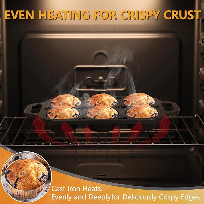 Pre-Seasoned Cast Iron Muffin Pan - 6-Cup Nonstick Cupcake Pan, 2 Piece Set