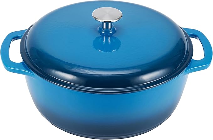 Amazon Basics Enameled Cast Iron Dutch Oven Pot with Lid, Dual Handles, Heavy-Duty, Oven Safe, Round, 4.3-Quart, Blue