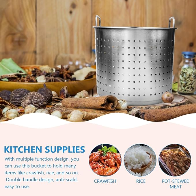 Hemoton Stainless Steel Steamer Basket for Pot, Large Deep Fryer Pot Strainer for Boiling, Frying Turkey, Crawfish, Insert Seafood Boil Basket for Home Restaurant Kitchen