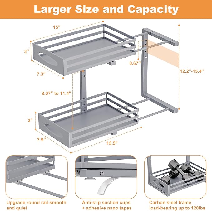 Under Sink Organizer, 2 Tier Under Sink Organizers and Storage, Adjustable Height, Slide out Metal Cabinet Organizers, Pull out Cabinet Storage Drawer Shelf for Kitchen Bathroom (Gray, 2Pack)