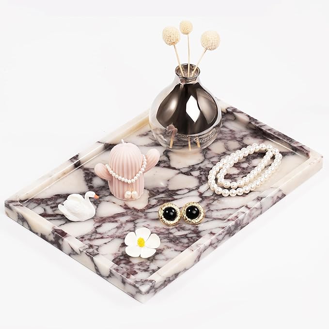 Large Decorative Marble Tray - Square Stone Vanity Perfume Plates for Bathroom Accessories Coffee Table Bar, Luxury Key Dresser Dish for Kitchen Countertop Entryway (11.8" x 7.9" x 0.8")