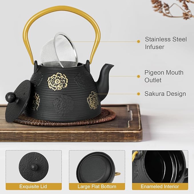 Ufine Cast Iron Teapot with Infuser for Loose Leaf Tea Japanese Style Tea Kettle for Stove Top, Enameled Interior Sakura Design (Black,40oz/1200ml)