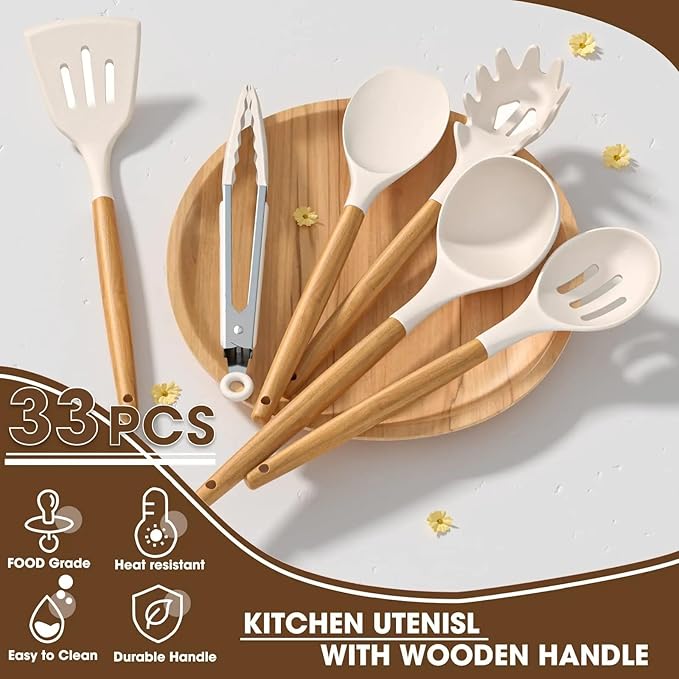 33-Piece Silicone Kitchen Cooking Utensils Set with Large Holder | Food Grade- Heat-Resistant,Non-Stick Cooking Utensils with Wooden Handles | BPA-Free Kitchen Tools for Nonstick Cookware for Gifting