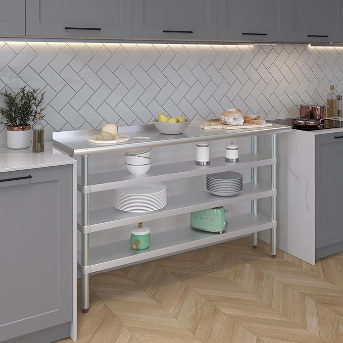 AmGood Stainless Steel Work Table with 1.5" Backsplash and 3 Shelves | Metal Kitchen Food Prep Table | NSF (60" Long x 14" Deep)