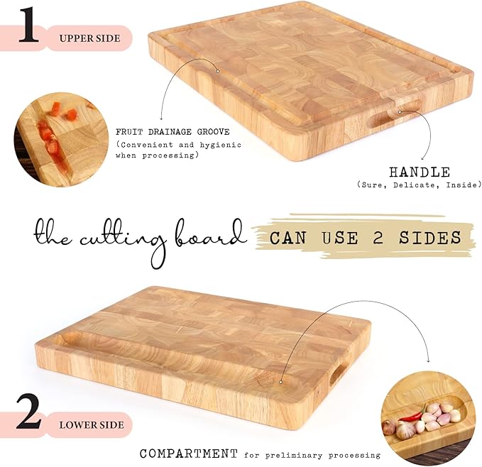 End Grain Cutting Board (20 x 15 x1.5 inch) Extra Large & Thick, End Grain Built-In Compartment and Juice Canal, Heavy Duty Chopping Board, Thick Carving Board for Bread Fruits Meat