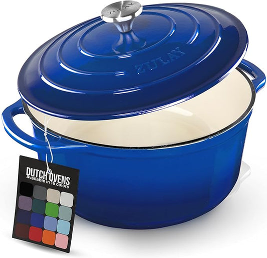 Zulay Kitchen 6 Quart Enameled Cast Iron Dutch Oven Pot with Lid – Premium Durability & Oven Safe up to 500°F – Heavy Duty Cookware Perfect for Bread Baking, Stews, Braising & Roasting - Blue
